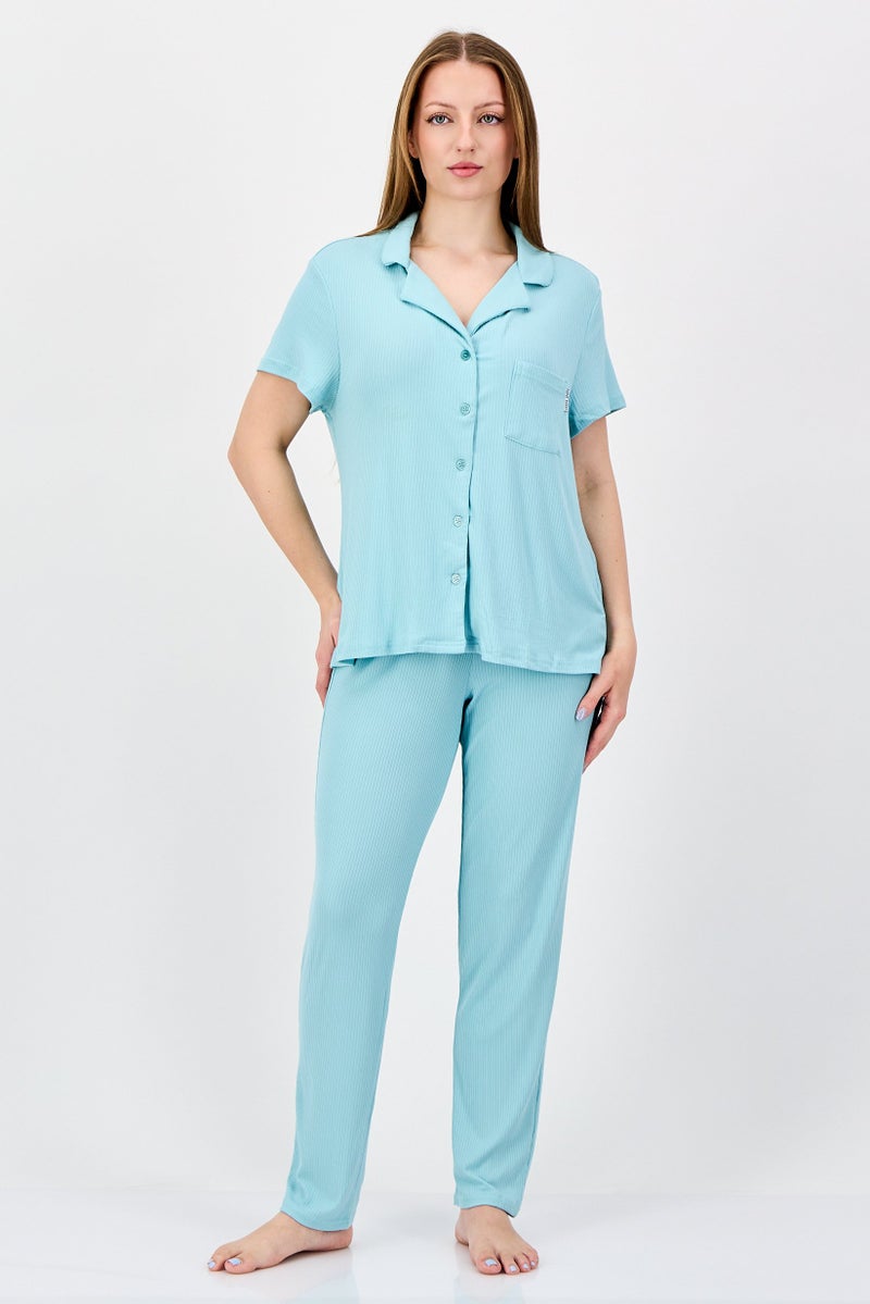 NINE WEST Women 2 Pieces Ribbed Top And Bottoms Set, Turquoise - Image 1